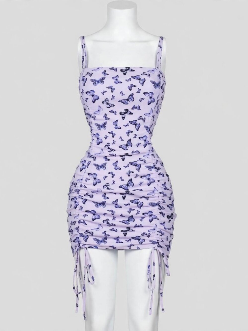 Garage Purple Butterfly Print Ruched Mini Dress Size M - Y2K Coquette Tie Side -
